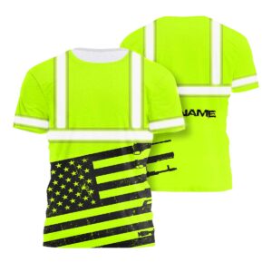 Hi Vis Shirt Reflective Green Gun USA Flag Custom Name Safety Workwear For Workers, Runners, Cyclists, Patriotic, Veteran, Military