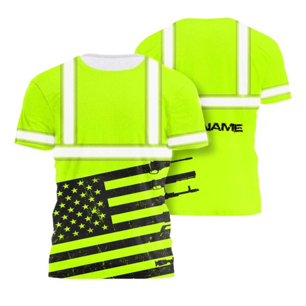 Hi Vis Shirt Reflective Green Gun USA Flag Custom Name Safety Workwear For Workers, Runners, Cyclists, Patriotic, Veteran, Military