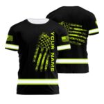 Hi Vis Shirt Reflective Black Scratch US Flag Custom Name Safety Workwear For Workers, Runners, Cyclists, Patriotic, Veteran, Military