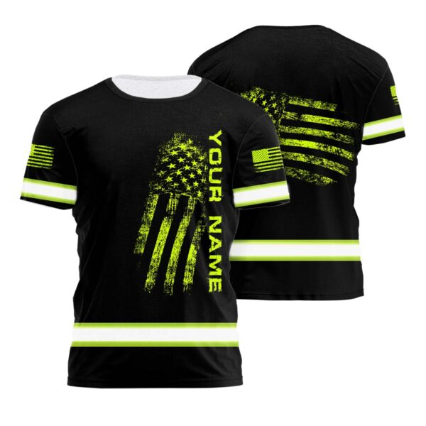 Hi Vis Shirt Reflective Black Scratch US Flag Custom Name Safety Workwear For Workers, Runners, Cyclists, Patriotic, Veteran, Military