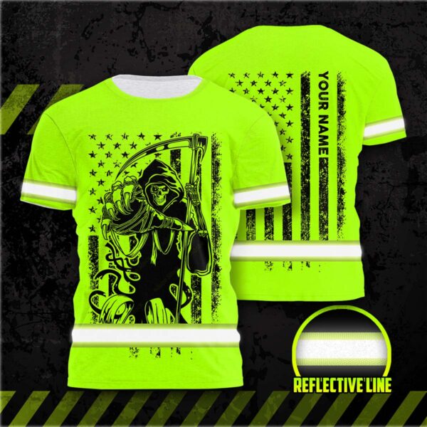 Hi Vis Shirt Reflective Black Reaper Custom Name Safety Workwear For Workers, Runners, Cyclists, Patriotic, Veteran, Military