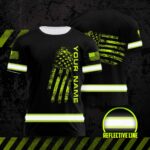 Hi Vis Shirt Reflective Black Scratch US Flag Custom Name Safety Workwear For Workers, Runners, Cyclists, Patriotic, Veteran, Military