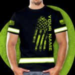 Hi Vis Shirt Reflective Black Scratch US Flag Custom Name Safety Workwear For Workers, Runners, Cyclists, Patriotic, Veteran, Military