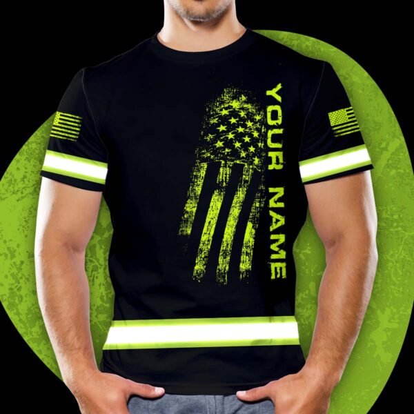 Hi Vis Shirt Reflective Black Scratch US Flag Custom Name Safety Workwear For Workers, Runners, Cyclists, Patriotic, Veteran, Military