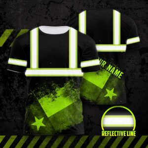 Hi Vis Shirt Reflective Green Black Texas Vintage Flag Custom Name Safety Workwear For Workers, Runners, Cyclists, Patriotic, Veteran, Military