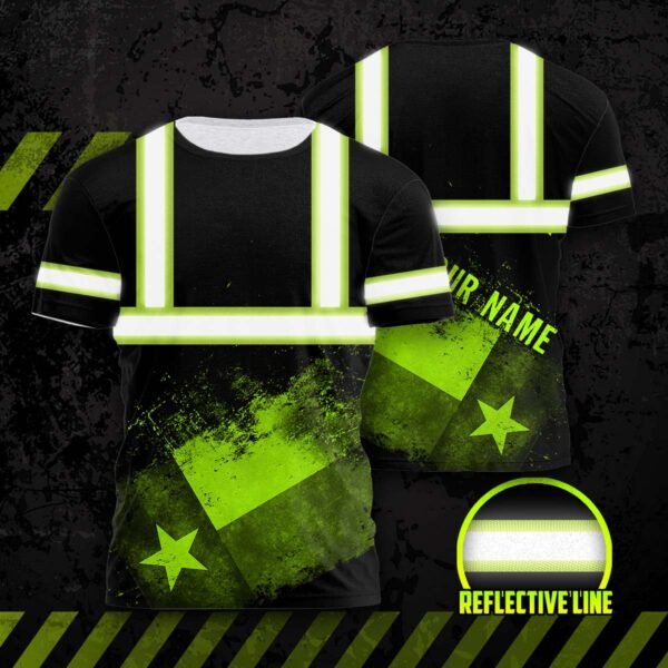 Hi Vis Shirt Reflective Green Black Texas Vintage Flag Custom Name Safety Workwear For Workers, Runners, Cyclists, Patriotic, Veteran, Military