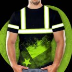 Hi Vis Shirt Reflective Green Black Texas Vintage Flag Custom Name Safety Workwear For Workers, Runners, Cyclists, Patriotic, Veteran, Military