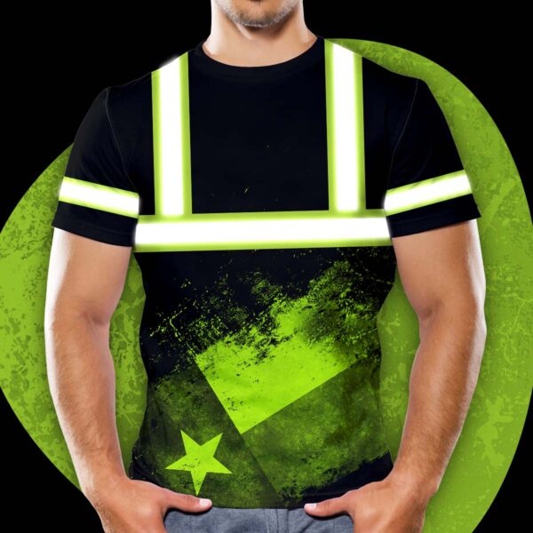 Hi Vis Shirt Reflective Green Black Texas Vintage Flag Custom Name Safety Workwear For Workers, Runners, Cyclists, Patriotic, Veteran, Military
