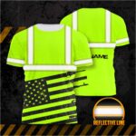 Hi Vis Shirt Reflective Green Gun USA Flag Custom Name Safety Workwear For Workers, Runners, Cyclists, Patriotic, Veteran, Military
