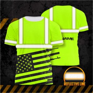 Hi Vis Shirt Reflective Green Gun USA Flag Custom Name Safety Workwear For Workers, Runners, Cyclists, Patriotic, Veteran, Military