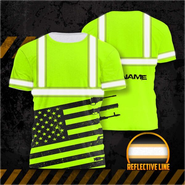 Hi Vis Shirt Reflective Green Gun USA Flag Custom Name Safety Workwear For Workers, Runners, Cyclists, Patriotic, Veteran, Military