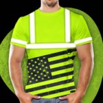 Hi Vis Shirt Reflective Green Gun USA Flag Custom Name Safety Workwear For Workers, Runners, Cyclists, Patriotic, Veteran, Military