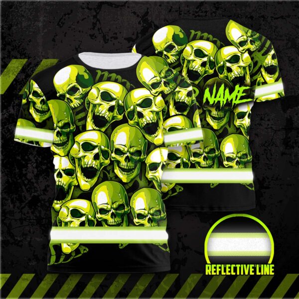 Hi Vis Shirt Reflective Green Neon Skull Custom Name Safety Workwear For Workers, Runners, Cyclists, Patriotic, Veteran, Military