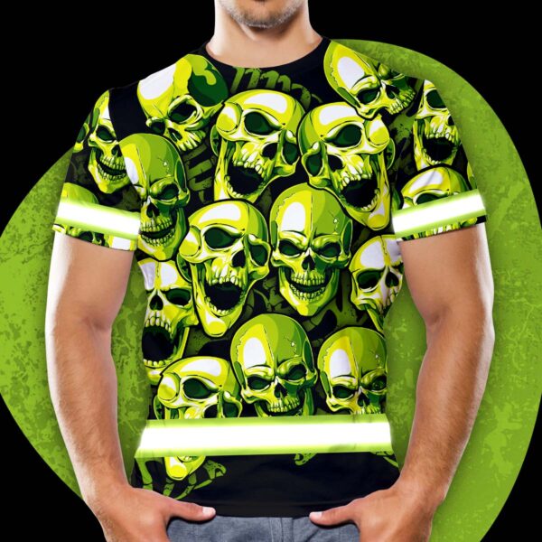 Hi Vis Shirt Reflective Green Neon Skull Custom Name Safety Workwear For Workers, Runners, Cyclists, Patriotic, Veteran, Military
