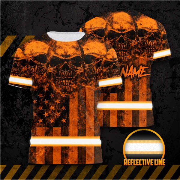Hi Vis Shirt Reflective Orange Skull US Flag Custom Name Safety Workwear For Workers, Runners, Cyclists, Patriotic, Veteran, Military
