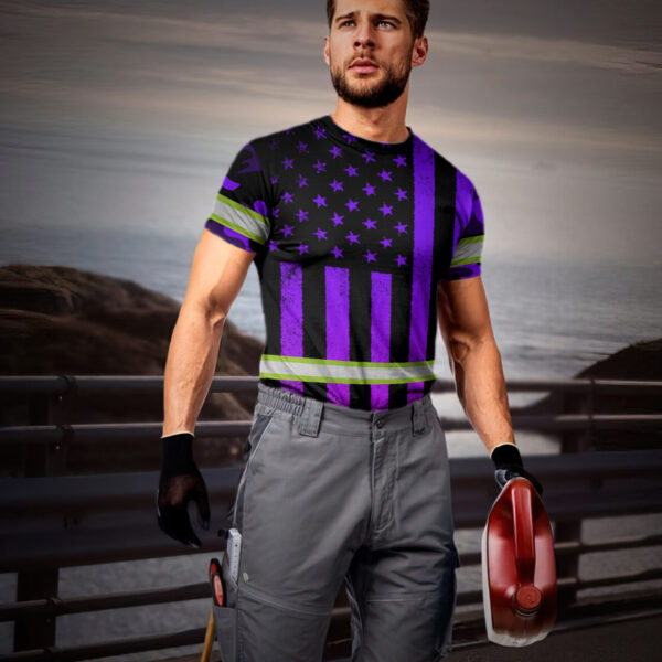 Hi Vis Shirt Reflective Violet Camo US Flag Custom Name Safety Workwear For Workers, Runners, Cyclists, Trucker, Operator, Patriotic