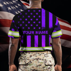 Hi Vis Shirt Reflective Violet Camo US Flag Custom Name Safety Workwear For Workers, Runners, Cyclists, Trucker, Operator, Patriotic