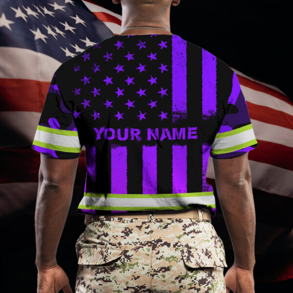 Hi Vis Shirt Reflective Violet Camo US Flag Custom Name Safety Workwear For Workers, Runners, Cyclists, Trucker, Operator, Patriotic