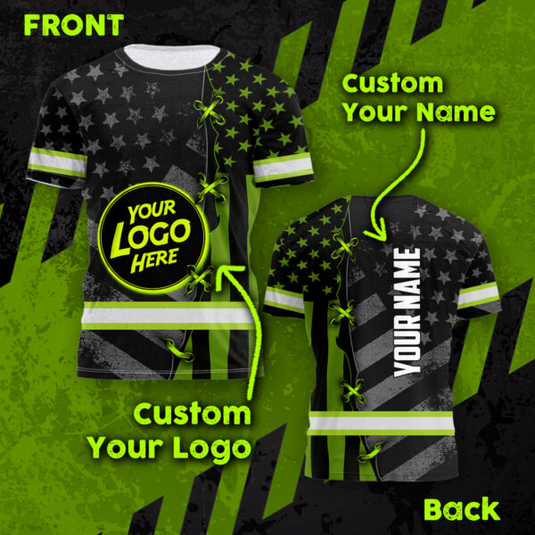 Hi Vis Shirt Uniform Company Reflective USA Flag Green Neon Custom Name And Logo Safety Workwear For Company, Group, Team