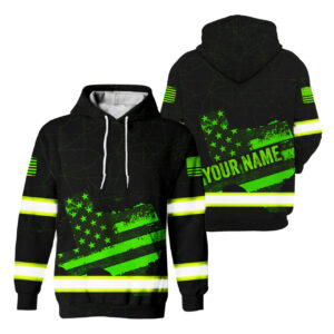 Hi Vis Hoodie Reflective Green US Flag Custom States And Name Safety Workwear For Workers, Runners, Cyclists, Trucker, Operator, Patriotic