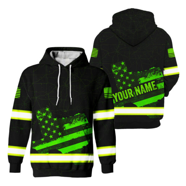 Hi Vis Hoodie Reflective Green US Flag Custom States And Name Safety Workwear For Workers, Runners, Cyclists, Trucker, Operator, Patriotic