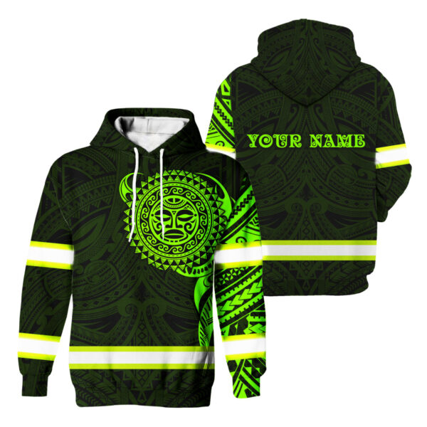 Hi Vis Hoodie Reflective Tapes Green Neon Hawaiian Polynesian Tribal Custom Name Safety Workwear For Workers, Runners, Cyclists