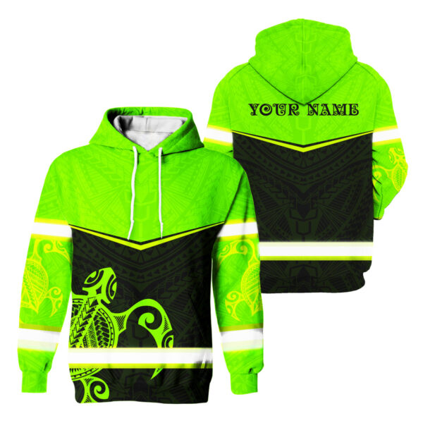 Hi Vis Hoodie Reflective Tapes Green Turtle Hawaiian Custom Name Safety Workwear For Workers, Runners, Cyclists, Patriotic