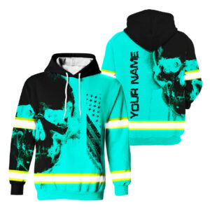 Hi Vis Hoodie Reflective Skull US Flag Mint Neon Custom Name Safety Workwear For Workers, Runners, Cyclists, Trucker, Operator, Patriotic