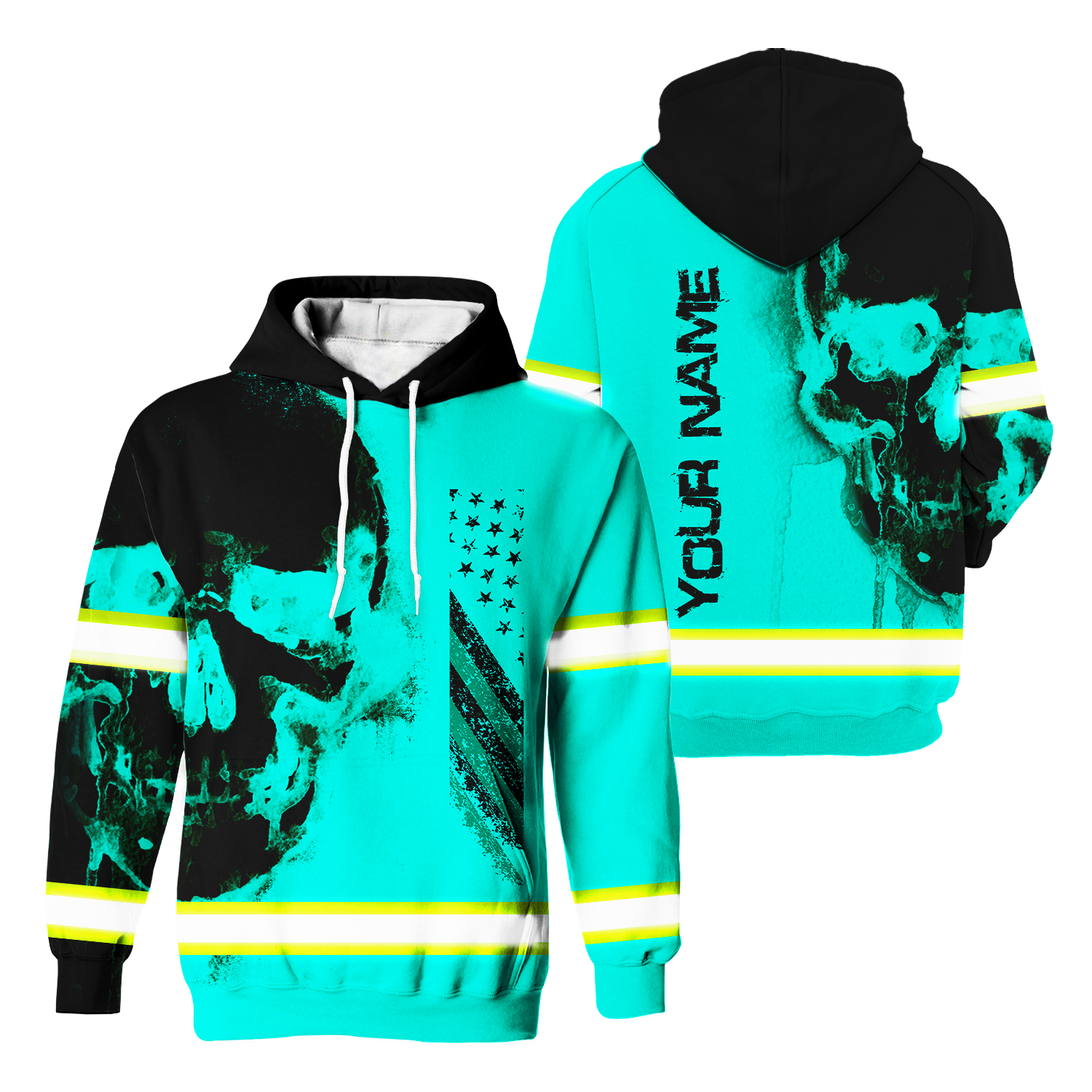 Hi Vis Hoodie Reflective Skull US Flag Mint Neon Custom Name Safety