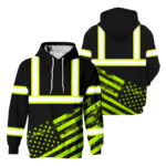 Hi Vis Hoodie Reflective Tapes Black USA Flag Safety Workwear For Workers, Runners, Cyclists, Patriotic