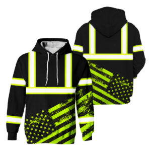 Hi Vis Hoodie Reflective Tapes Black USA Flag Safety Workwear For Workers, Runners, Cyclists, Patriotic