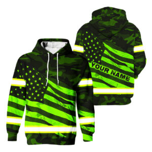 Hi Vis Hoodie Reflective Custom Name US Flag Wave Safety Workwear For Workers, Runners, Cyclists, Trucker, Operator, Patriotic