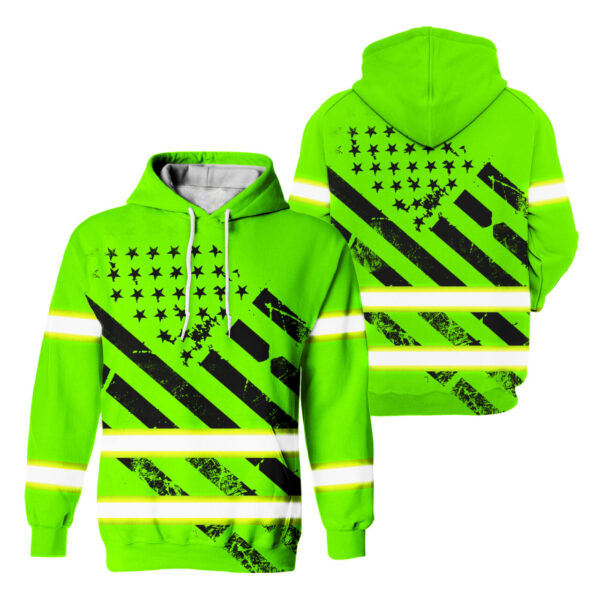 Hi Vis Hoodie Reflective Tapes Black Green USA Flag Safety Workwear For Workers, Runners, Cyclists, Patriotic