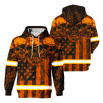 Hi Vis Hoodie Reflective Tapes Orange Skull US Flag Safety Workwear For Workers, Runners, Cyclists, Patriotic