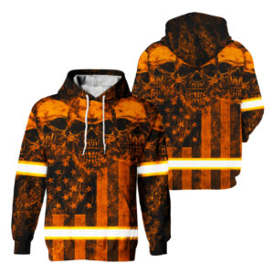 Hi Vis Hoodie Reflective Tapes Orange Skull US Flag Safety Workwear For Workers, Runners, Cyclists, Patriotic