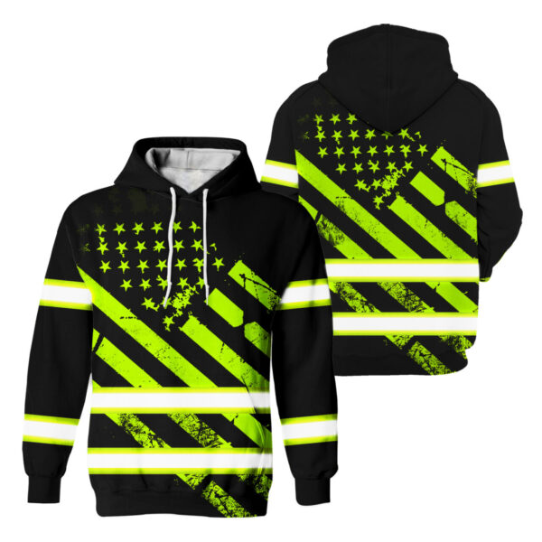 Hi Vis Hoodie Reflective Tapes Green Black USA Flag Safety Workwear For Workers, Runners, Cyclists, Patriotic