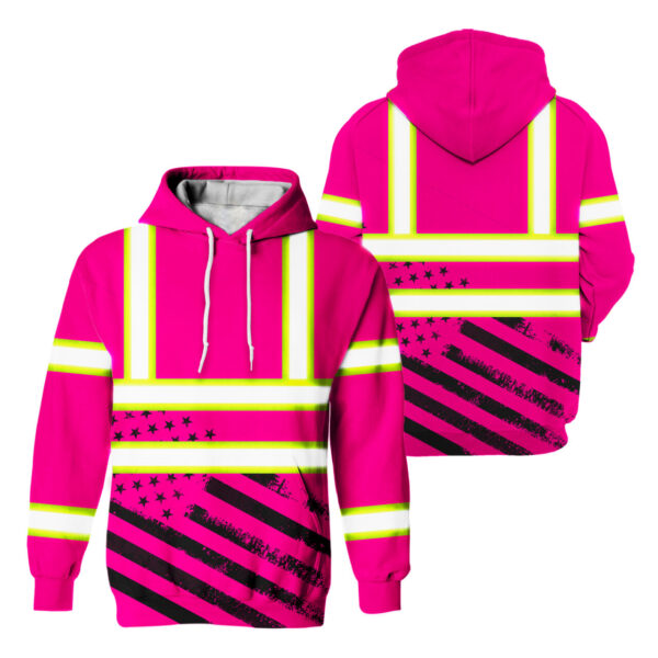 Hi Vis Hoodie Reflective Tapes Pink USA Flag Safety Workwear For Workers, Runners, Cyclists, Patriotic