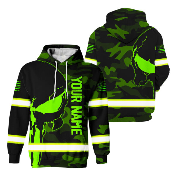 Hi Vis Hoodie Reflective Skull Camo Neon US Flag Custom Name Safety Workwear For Workers, Runners, Cyclists, Trucker, Operator, Patriotic