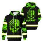 Hi Vis Hoodie Reflective Tapes Skull Camo USA Flag Custom Name Safety Workwear For Workers, Runners, Cyclists, Patriotic