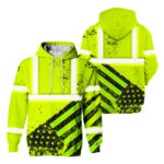 Hi Vis Hoodie Reflective Tapes Yellow Neon USA Flag Safety Workwear For Workers, Runners, Cyclists, Patriotic