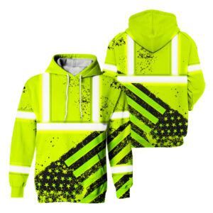 Hi Vis Hoodie Reflective Tapes Yellow Neon USA Flag Safety Workwear For Workers, Runners, Cyclists, Patriotic