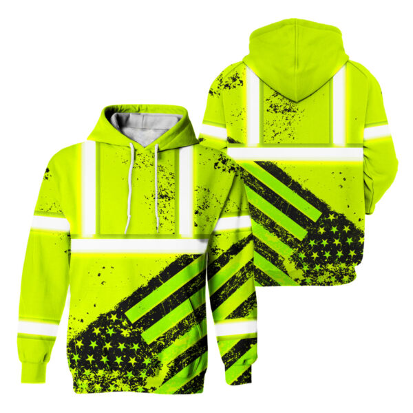 Hi Vis Hoodie Reflective Tapes Yellow Neon USA Flag Safety Workwear For Workers, Runners, Cyclists, Patriotic