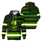 Hi Vis Hoodie Reflective Skull Neon US Flag Custom Name Safety Workwear For Workers, Runners, Cyclists, Trucker, Operator, Patriotic