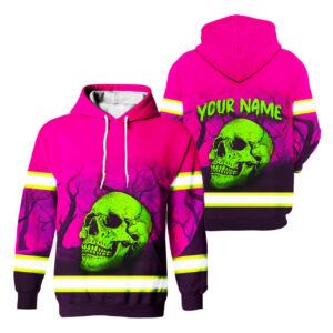 Hi Vis Hoodie Reflective Tapes Pink Forest Green Skull Safety Workwear For Workers, Runners, Cyclists