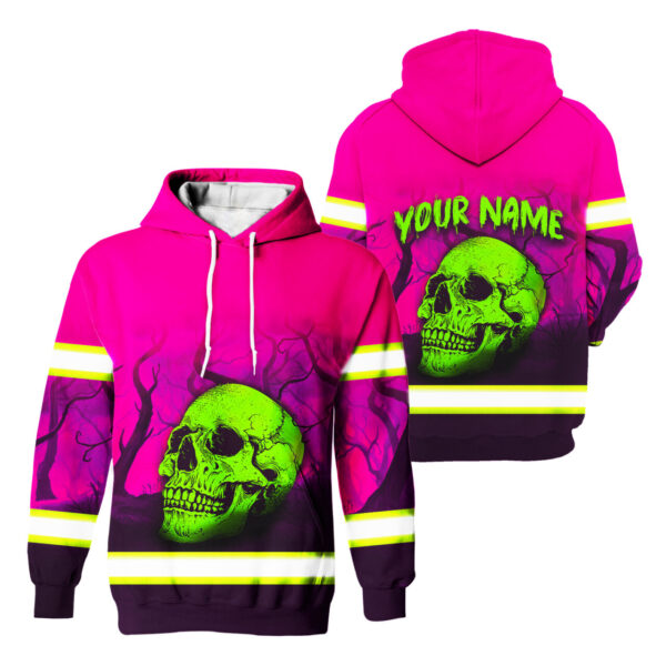 Hi Vis Hoodie Reflective Tapes Pink Forest Green Skull Safety Workwear For Workers, Runners, Cyclists