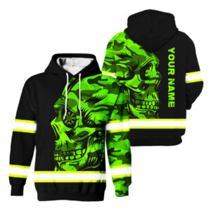 Hi Vis Hoodie Reflective Skull Viking Camo Neon Custom Name Safety Workwear For Worker, Operator, Truckers, Patriotic