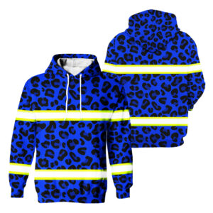 Hi Vis Hoodie Reflective Tapes Blue Leopard Safety Workwear For Workers, Runners, Cyclists