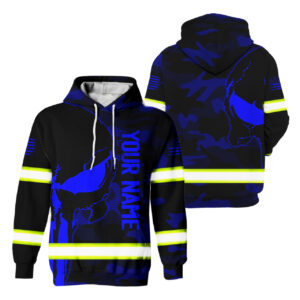 Hi Vis Hoodie Reflective Skull Blue Camo Neon US Flag Custom Name Safety Workwear For Workers, Runners, Cyclists, Trucker, Operator, Patriotic
