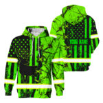 Hi Vis Hoodie Reflective Deer Hunting US Flag Custom Name Safety Workwear For Workers, Runners, Cyclists, Trucker, Operator, Patriotic, Hunting, Hunter