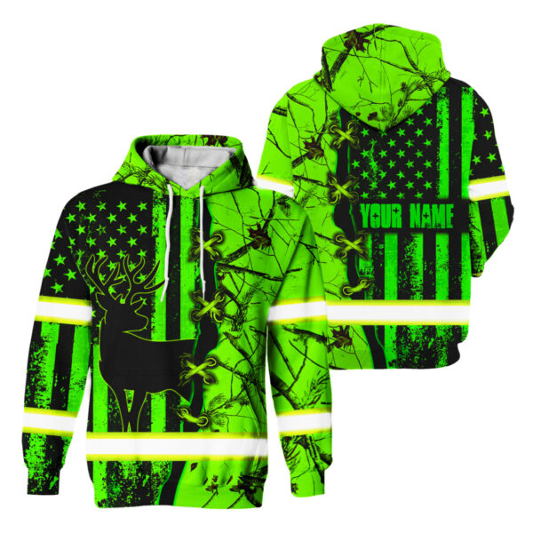 Hi Vis Hoodie Reflective Deer Hunting US Flag Custom Name Safety Workwear For Workers, Runners, Cyclists, Trucker, Operator, Patriotic, Hunting, Hunter